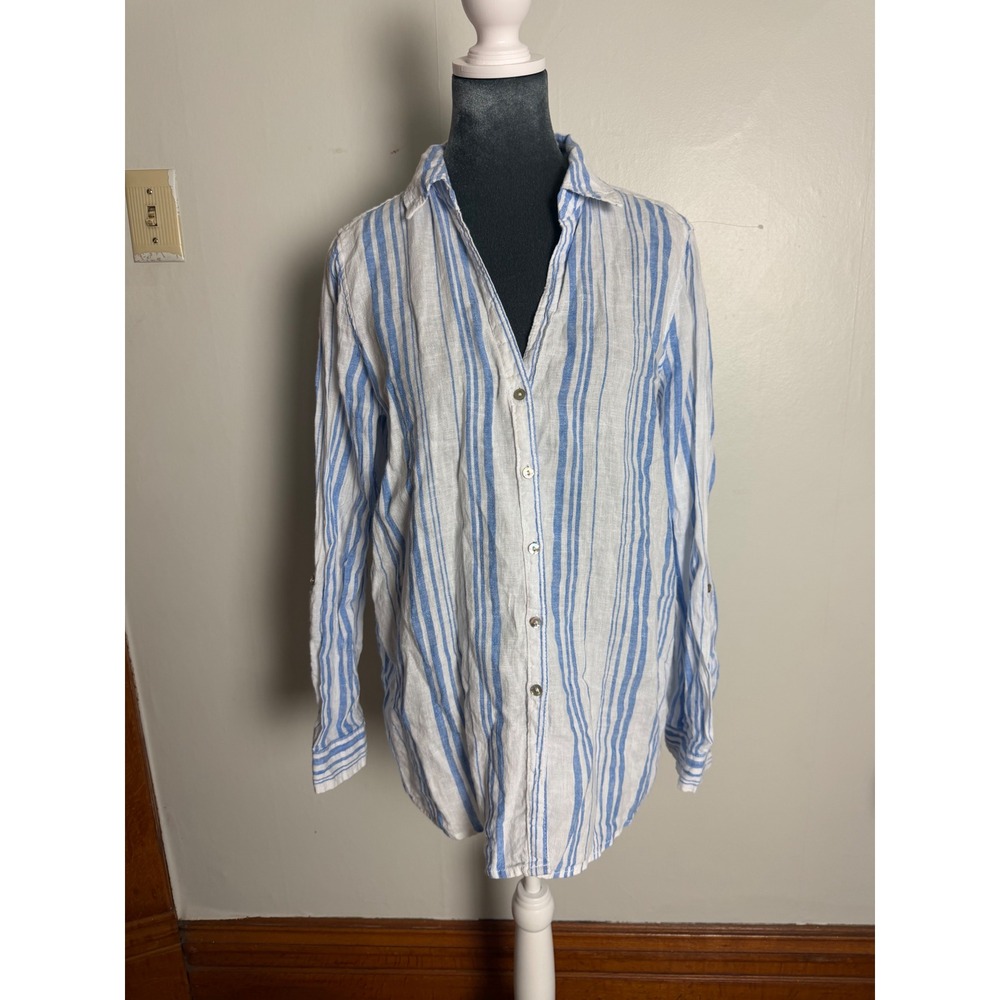 100% Linen Blue Striped Button Down Shirt coastal Beachy Lagenlook oversized S